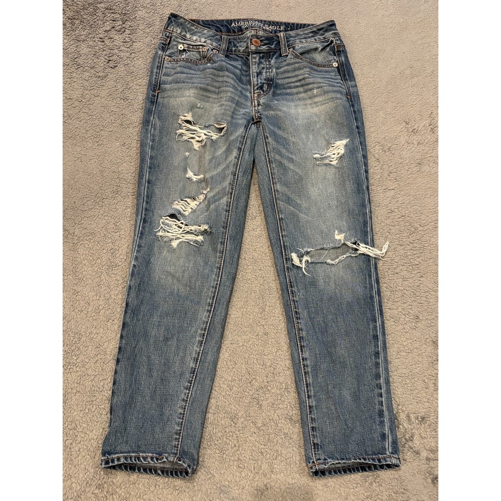 American Eagle Womens 00 Boy Crop Jeans Medium Wash Distressed Blue Button Fly